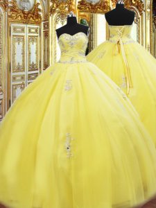 Low Price Yellow Ball Gowns Sweetheart Sleeveless Tulle Floor Length Lace Up Beading and Appliques 15 Quinceanera Dress