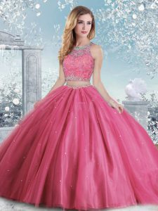 Fashion Hot Pink Clasp Handle Scoop Beading and Sequins 15 Quinceanera Dress Tulle Sleeveless