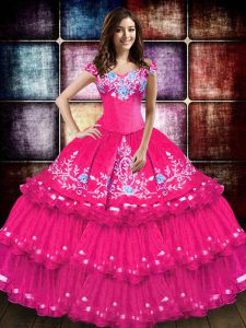 Traditional Hot Pink Ball Gowns Embroidery and Ruffled Layers Sweet 16 Quinceanera Dress Lace Up Taffeta Sleeveless Floor Length