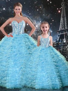 Light Blue Ball Gowns Sweetheart Sleeveless Tulle Floor Length Lace Up Beading and Ruffles Quince Ball Gowns