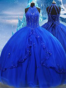 Artistic Royal Blue Vestidos de Quinceanera Military Ball and Sweet 16 and Quinceanera with Beading and Ruffles High-neck Sleeveless Brush Train Lace Up