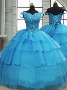 Baby Blue Lace Up Quinceanera Gown Beading and Ruffled Layers Sleeveless Brush Train