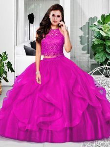 Sleeveless Floor Length Lace and Ruffles Zipper Quinceanera Dresses with Fuchsia