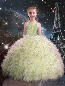 Inexpensive Sleeveless Floor Length Beading and Ruffles Lace Up Pageant Gowns For Girls with Olive Green