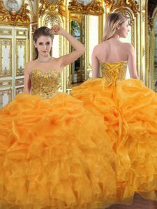 Smart Orange Lace Up Sweetheart Beading and Ruffles Quince Ball Gowns Organza Sleeveless