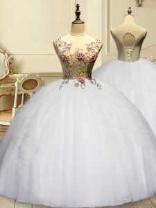 Romantic Sleeveless Floor Length Appliques and Ruffles Lace Up Quinceanera Dress with White