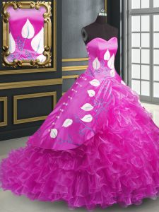 Sleeveless Brush Train Embroidery and Ruffles Lace Up Quinceanera Gown