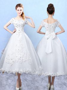 Discount Scoop Short Sleeves Wedding Party Dress Ankle Length Beading and Lace and Bowknot White Tulle