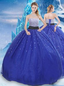 Modest Sleeveless Floor Length Beading and Sequins Lace Up Quinceanera Gowns with Royal Blue
