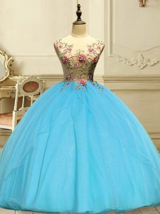 Popular Baby Blue Ball Gowns Scoop Sleeveless Organza Floor Length Lace Up Appliques Quinceanera Dress