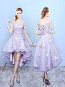Lace Damas Dress Lavender Lace Up Short Sleeves High Low