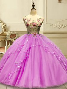 Stylish Lilac Ball Gowns Appliques 15th Birthday Dress Lace Up Tulle Sleeveless Floor Length