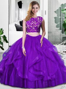 Cheap Purple Sleeveless Lace and Ruffles Floor Length Ball Gown Prom Dress