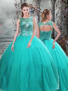 Ball Gowns Quince Ball Gowns Turquoise Scoop Tulle Sleeveless Floor Length Lace Up