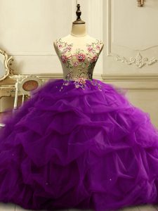 Edgy Purple 15 Quinceanera Dress Military Ball and Sweet 16 and Quinceanera with Appliques and Ruffles and Sequins Scoop Sleeveless Lace Up