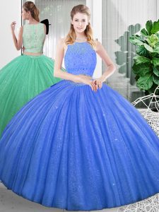 Edgy Scoop Sleeveless Zipper Quinceanera Gown Baby Blue Organza