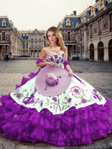 Embroidery and Ruffled Layers Quinceanera Dress Eggplant Purple Lace Up Sleeveless Floor Length