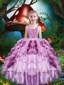 Beading and Ruffles and Ruffled Layers Child Pageant Dress Lilac Lace Up Sleeveless Floor Length