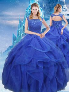 Affordable Floor Length Royal Blue Quinceanera Dress Organza Sleeveless Ruffles and Sequins