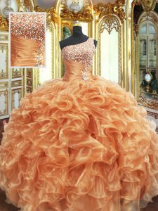 Customized Orange Ball Gowns One Shoulder Sleeveless Organza Floor Length Lace Up Beading and Ruffles Quinceanera Gowns
