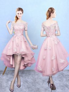 High Low Baby Pink Bridesmaids Dress Off The Shoulder Short Sleeves Lace Up