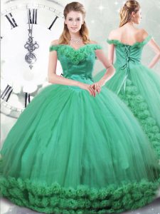Turquoise Sleeveless Hand Made Flower Lace Up Quinceanera Gowns