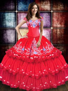 Exceptional Off The Shoulder Sleeveless Ball Gown Prom Dress Floor Length Embroidery and Ruffled Layers Coral Red Taffeta