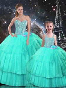 Stunning Organza Sweetheart Sleeveless Lace Up Ruffled Layers 15 Quinceanera Dress in Turquoise