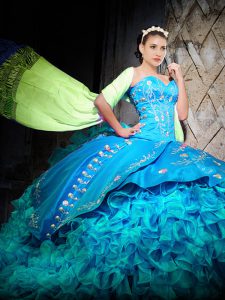 Baby Blue Sweet 16 Quinceanera Dress Organza Brush Train Sleeveless Embroidery and Ruffles