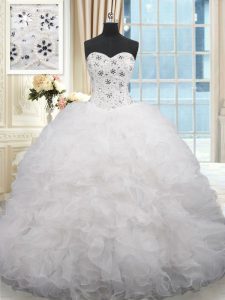 Dynamic Sleeveless Brush Train Lace Up Beading and Ruffles Ball Gown Prom Dress