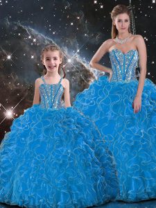Hot Sale Baby Blue Sleeveless Organza Lace Up Vestidos de Quinceanera for Military Ball and Sweet 16 and Quinceanera