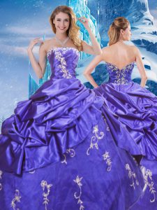 Purple Ball Gowns Taffeta Strapless Sleeveless Appliques and Pick Ups Floor Length Zipper Ball Gown Prom Dress