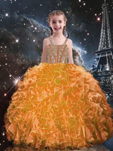 Nice Orange Red Lace Up Straps Beading and Ruffles Little Girls Pageant Gowns Organza Sleeveless