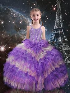 Custom Fit Floor Length Lilac Kids Pageant Dress Straps Sleeveless Lace Up