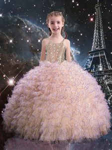 Inexpensive Pink Straps Lace Up Beading and Ruffles Little Girls Pageant Gowns Sleeveless