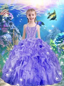 Sweet Purple Lace Up Straps Beading and Ruffles Party Dress for Toddlers Organza Sleeveless