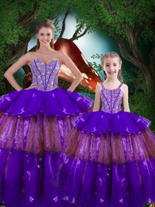 Edgy Eggplant Purple Organza Lace Up Quinceanera Dresses Sleeveless Floor Length Beading and Ruffled Layers