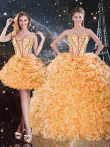Orange Three Pieces Sweetheart Sleeveless Organza Floor Length Lace Up Beading and Ruffles Quinceanera Gowns