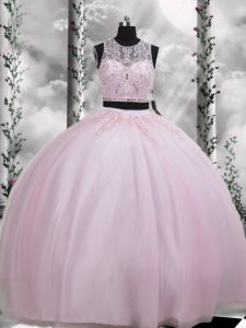 Floor Length Baby Pink Sweet 16 Dresses Tulle Sleeveless Beading and Appliques