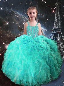 Turquoise Organza Lace Up Kids Formal Wear Sleeveless Floor Length Beading and Ruffles