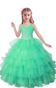 Superior Turquoise Sleeveless Floor Length Beading and Ruffled Layers Zipper Little Girls Pageant Dress Wholesale