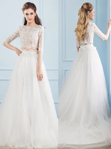 Gorgeous Half Sleeves Lace Zipper Wedding Dress with White Court Train