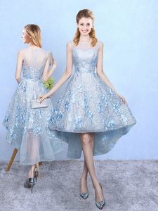 Scoop Sleeveless Zipper Bridesmaid Dresses Light Blue Tulle and Printed