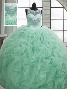 Apple Green Ball Gowns Beading and Ruffles Ball Gown Prom Dress Lace Up Organza Sleeveless Floor Length