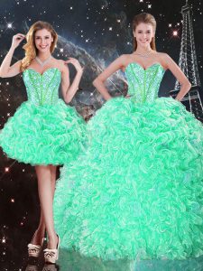 Most Popular Floor Length Lace Up 15 Quinceanera Dress Apple Green for Military Ball and Sweet 16 and Quinceanera with Beading and Ruffles