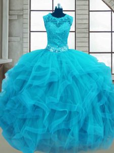 Ball Gowns Quince Ball Gowns Baby Blue Scoop Tulle Sleeveless Floor Length Lace Up