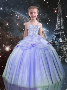 Lilac Tulle Lace Up Pageant Gowns For Girls Sleeveless Floor Length Beading