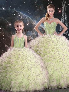 Best Yellow Green Sleeveless Floor Length Beading and Ruffles Lace Up 15 Quinceanera Dress