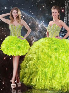 Beading and Ruffles Vestidos de Quinceanera Yellow Green Lace Up Sleeveless Floor Length