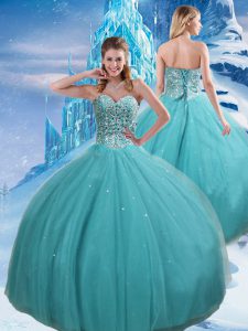 Exquisite Aqua Blue Ball Gowns Tulle Sweetheart Sleeveless Beading and Sequins Floor Length Lace Up Sweet 16 Dresses